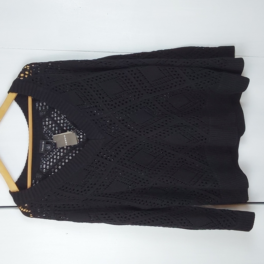 Torrid Black Pointelle Knit Eyelet Pop Over Sweater Crochet Mod Edgy Sz.L